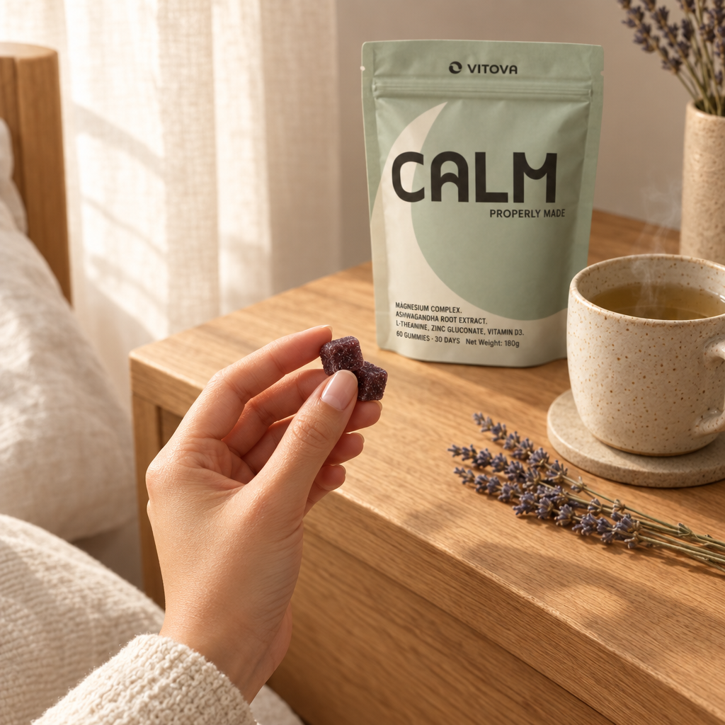Hand holding two dark burgundy Vitova Calm gummies beside herbal tea, with the sage-green pouch in the background.
