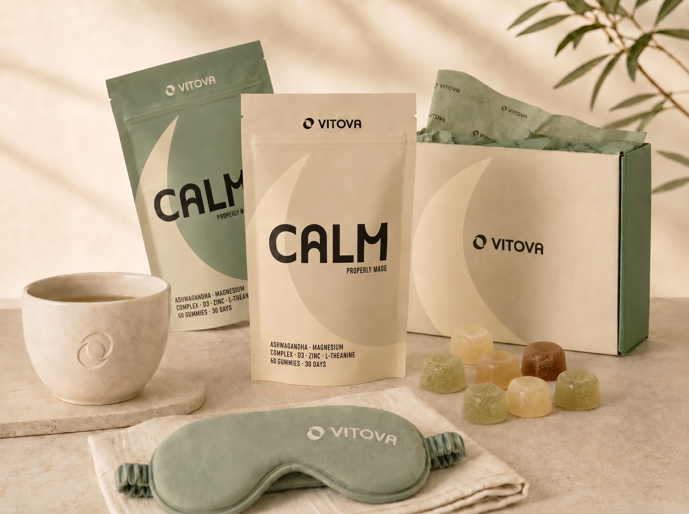 Vitova Calm pouch with tea, gummies, sleep mask, and dispatch box